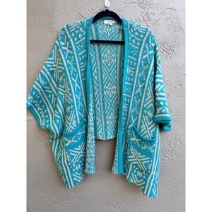 Umgee Teal Open Cardigan Sweater Boho Geometric Festival Spring Pockets